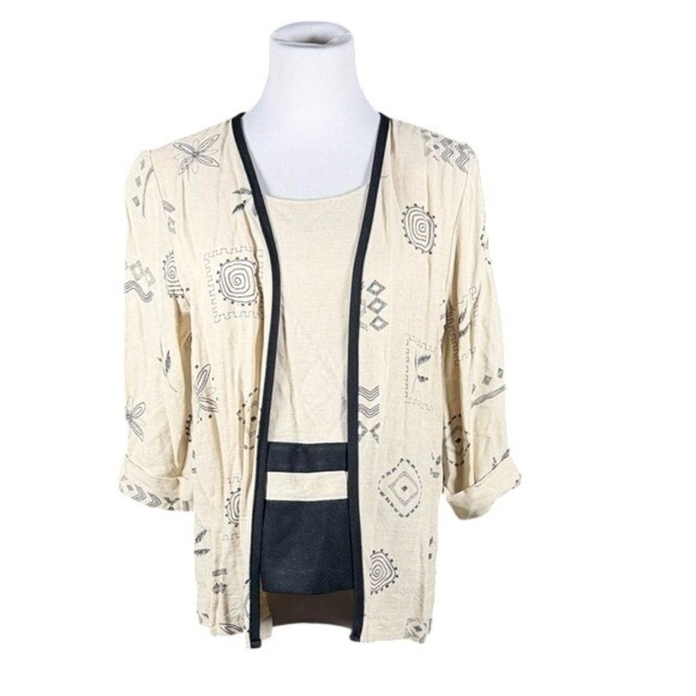 Two Twenty Womens Vintage 2 Piece Cardigan Shell Set Cream Black Print Size S/P